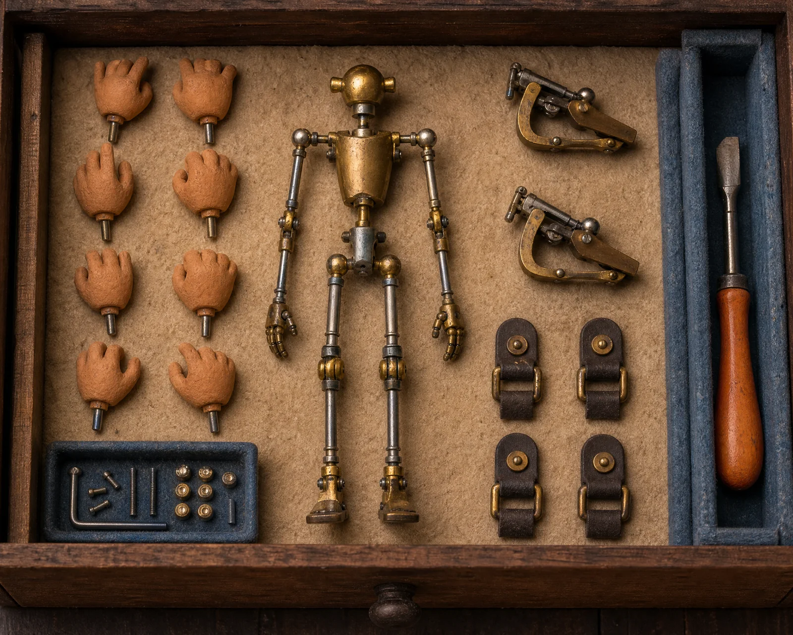 Practical stop-motion armature and replacement mechanisms in a workshop drawer