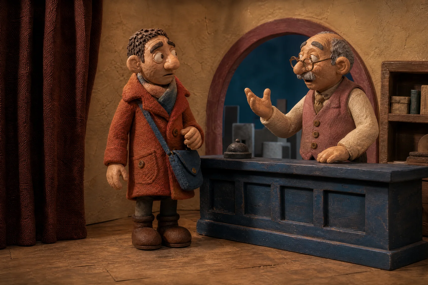 Two original clay characters performing a miniature dialogue scene