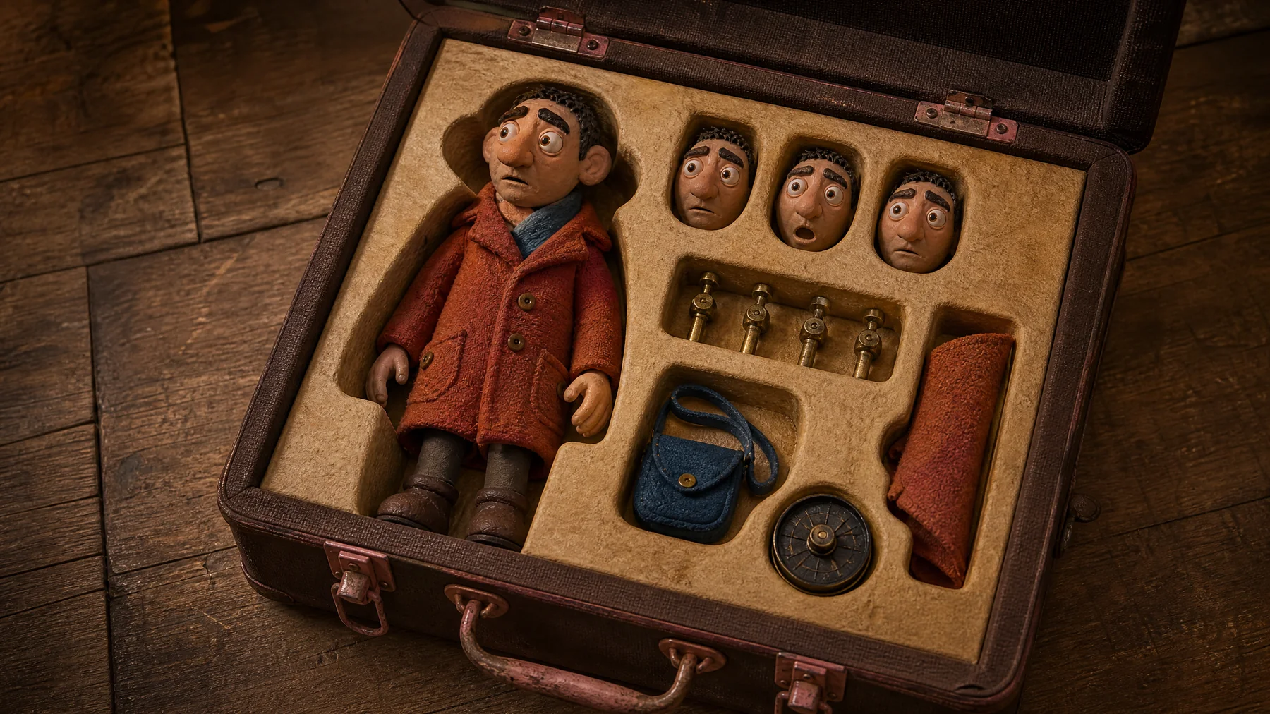 Open handmade production case containing a clay character and replacement parts