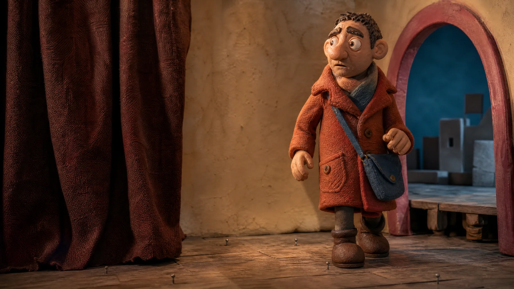 Original clay courier character on a handmade miniature stage