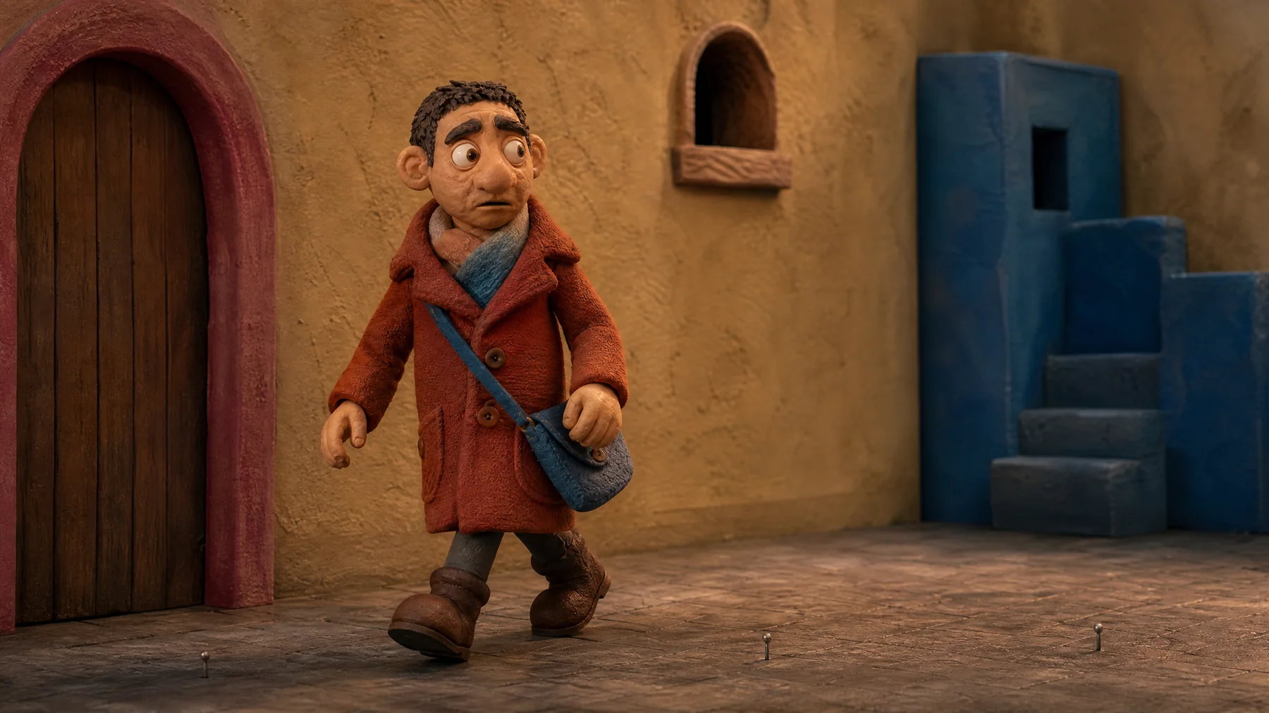 Clay courier in a passing-position walk pose on a miniature street